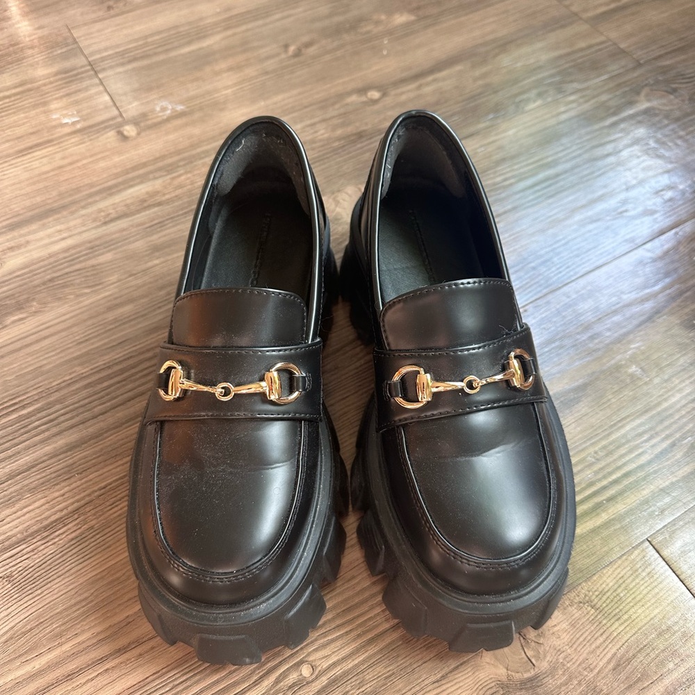 Princess Polly Black Loafers with Gold Accents